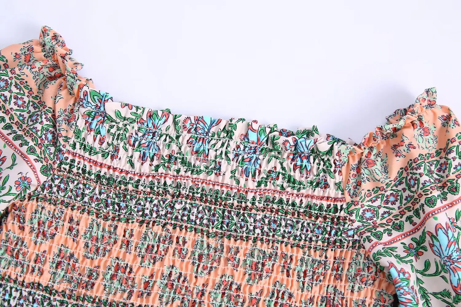 Puff Sleeve Crop Top Holiday Blouse Autumn Shirt Women BOHO Ruched Top Elastic Slash neck floral Print Pullover Shirt