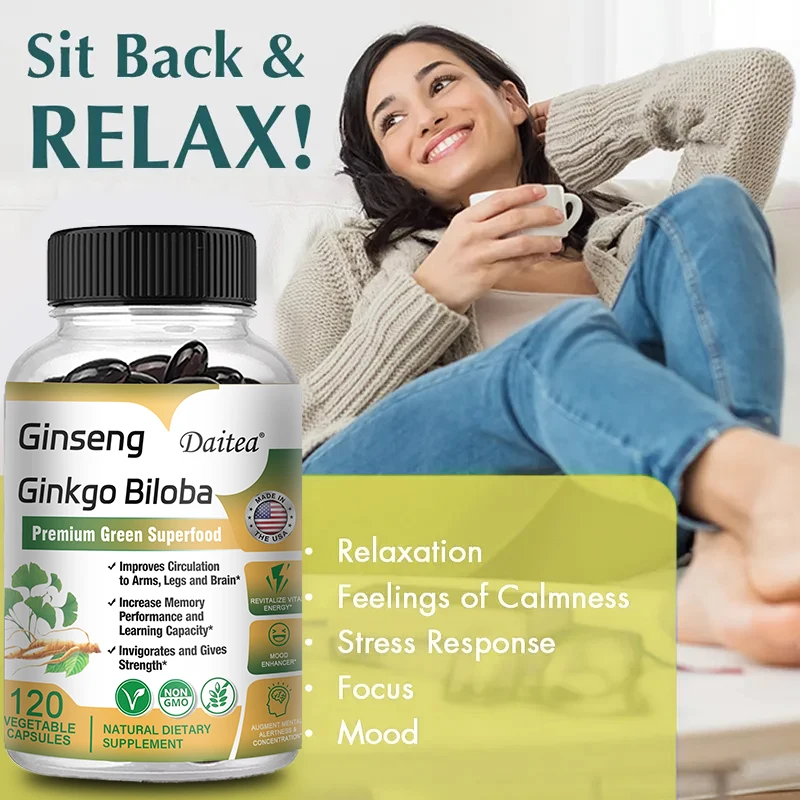 Ginseng + Ginkgo Biloba Extract Capsules - Brain Health Supplement That Helps Blood Circulation, Metabolism and Energy Levels