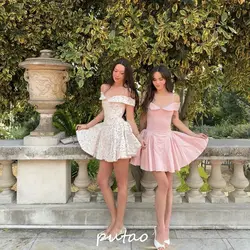 PuTao Pink Homecoming Dresses Off Shoulder Short Simple Mini Cocktail Dress A Line Prom Dress Vestidos De Noche Evening Gowns