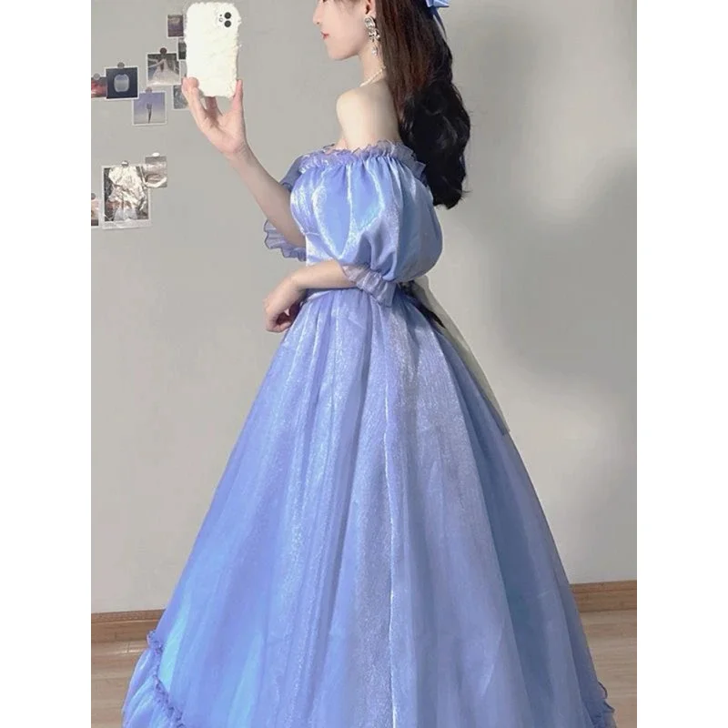 여름 세련된 블루 요정 드레스 여성 프랑스 빈티지 퍼프 슬리브 달콤한 공주 드레스 여성 우아한 저녁 파티 미디 베스 티드