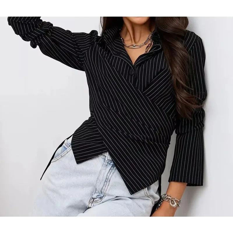 Elegant Lady Lace Up Waist-Cinching Blouses  Spring Autumn Lapel Long Sleeve T-Shirt Fashion Women's Striped Casual Shirt