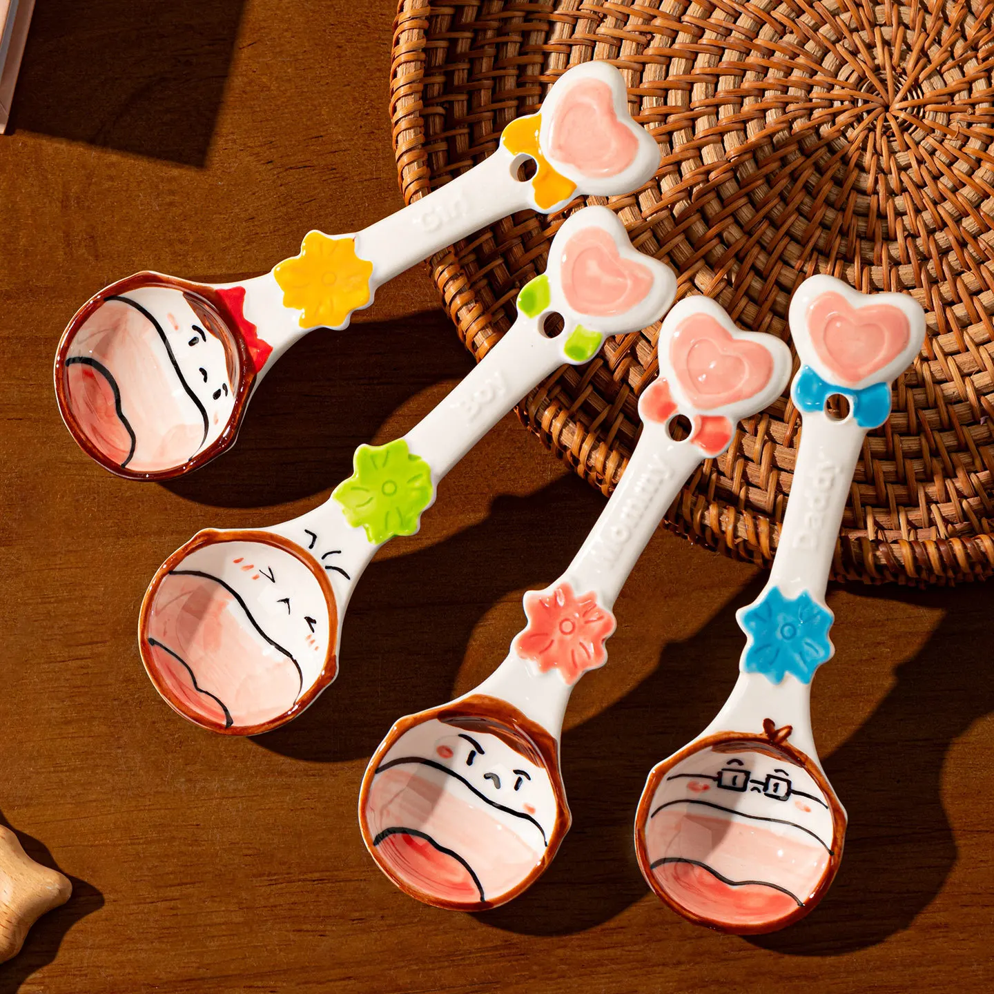 Cute Underglaze Colored Ceramic Spoon, Household High Beauty Children's Special Soup Spoon, A Family Four Mouth Spoons Gift Set