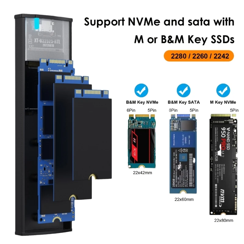 M.2 SSD Enclosure USB3.1 Type C 10Gbps Aluminum Housing Case for Data Transfer and System Backup Support NVMe/SATA