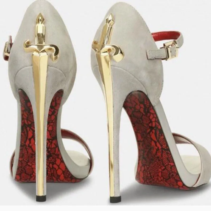 Gold Metal Sword Shaped Stiletto Heel Sandals Women Black Snakeskin Leather One Line Buckle Strap Cover Heel High Heel Sandals
