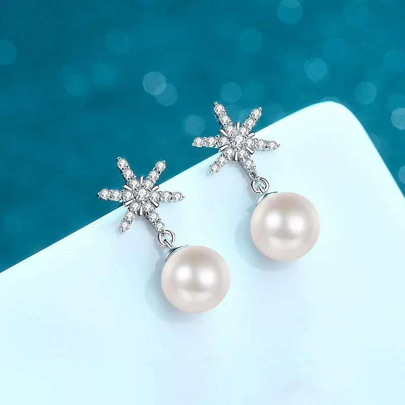 Brilliant Six Pointed Star 5A Freshwater Pearl Earring for Women, PT950 Wedding Jewelry Drop 2.46CT Moissanite Diamond Earrings