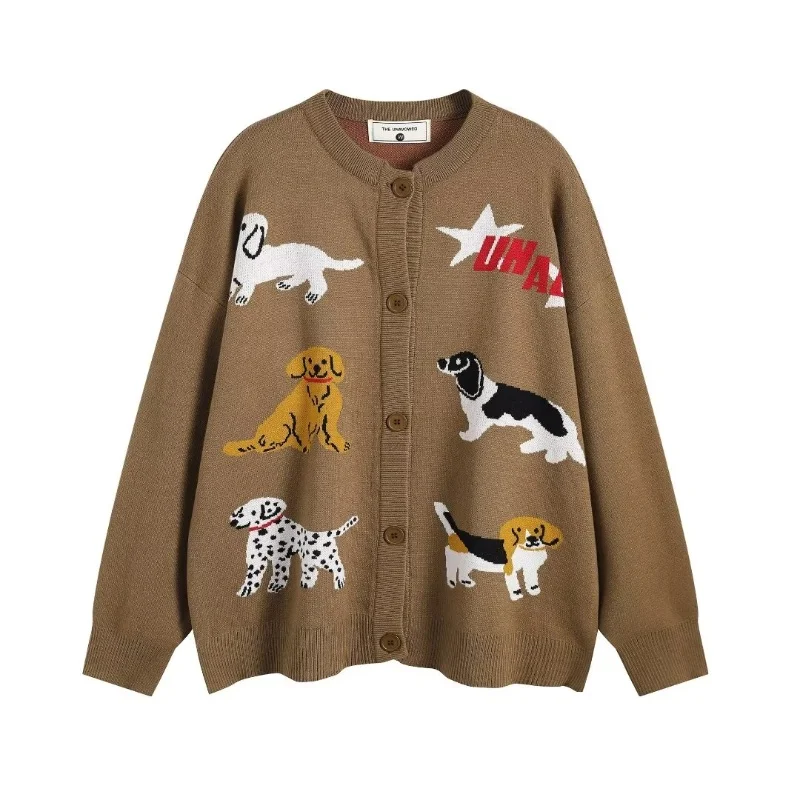 Lazy Style American Vintage Cardigan Long Sleeve Single Breasted Cartoon Jacquard Sweaters Casual Loose Cute Women Clothing 2025