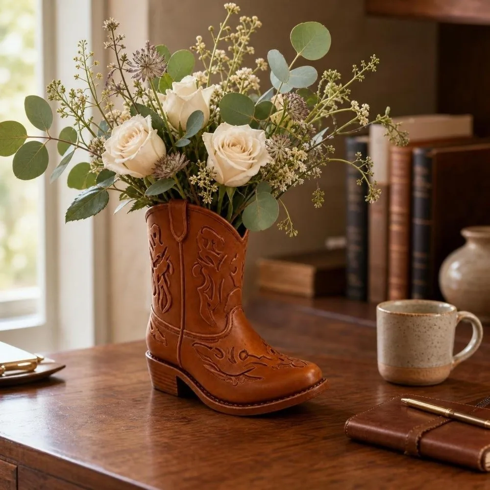 Retro Design Vintage Western Style Cowboy Boot Statue 3D Printed Home Decor Desktop Organizer Ornaments Pencil Holder Home Desk