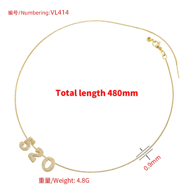 ZHUKOU 520 charms necklaces for couples gold color Brass cubic zirconia digital numbers beads necklaces chains wholesale VL414