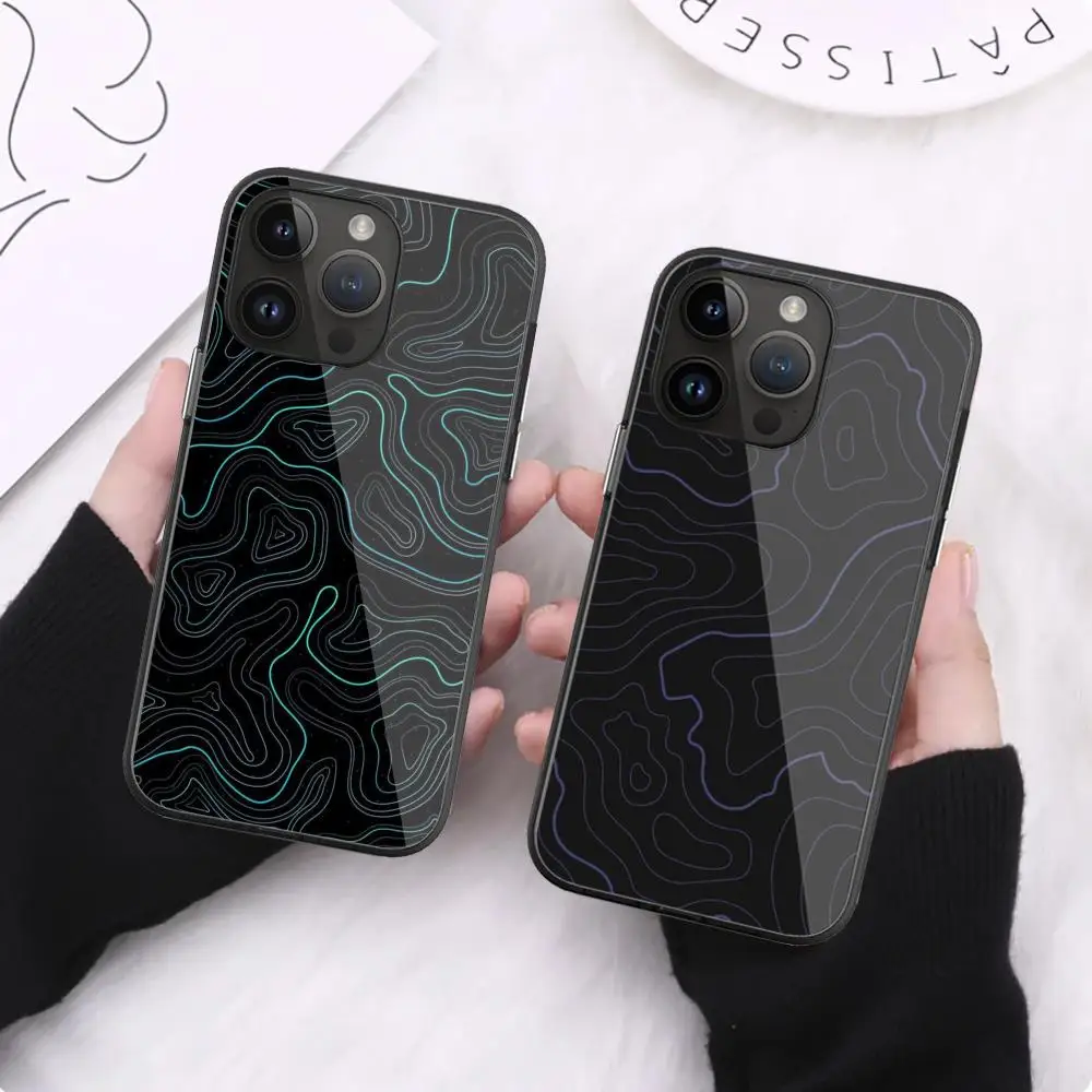 Geographic Contours Phone Case For iPhone 15 Pro Max14 13 12 Mini 11 XR XS 8 7 Plus Black Art Glass Cases