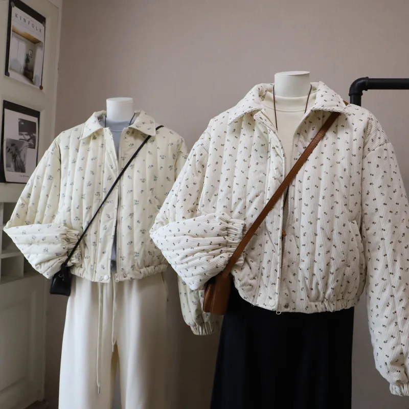 

Corduroy Floral Print Warm Cotton Jaet Women's Loose ort Zipper Collar Faux Fur Lined Winter New Sle Top