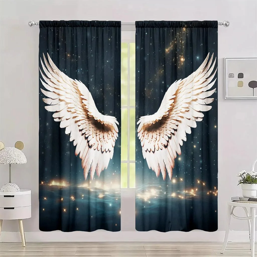 Angel Wings Starry Curtains Fantasy Window Drapes 2 Panels Magical Living Room Bedroom Home Decor