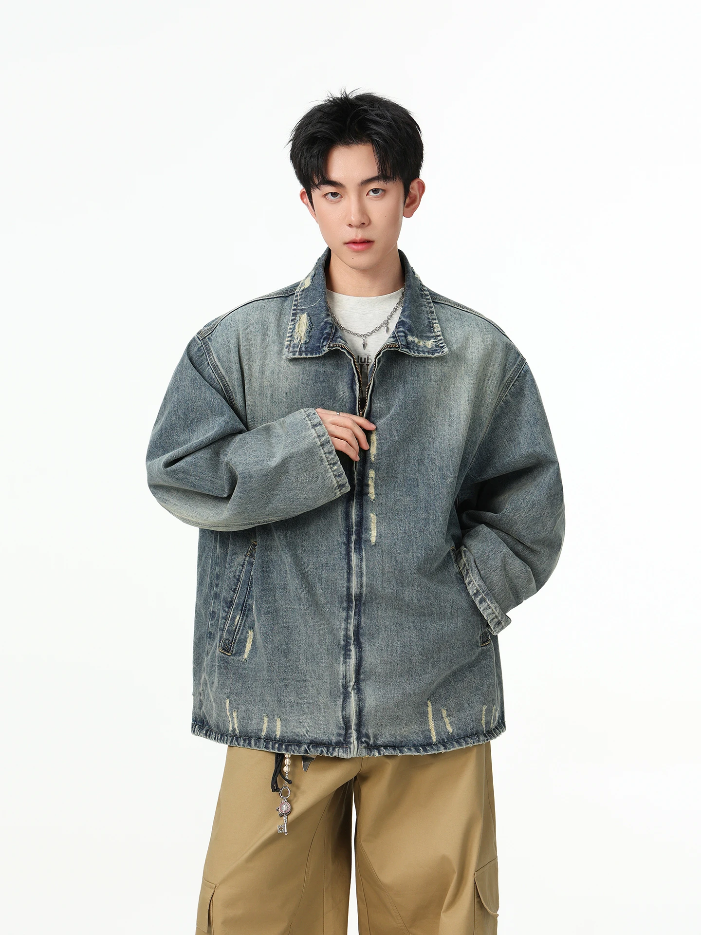 

Boyue American Sle Worn out Zipper Design Jeans Jaet ex Casual Coat Handmade Distred Denim Spring Autumn Winter
