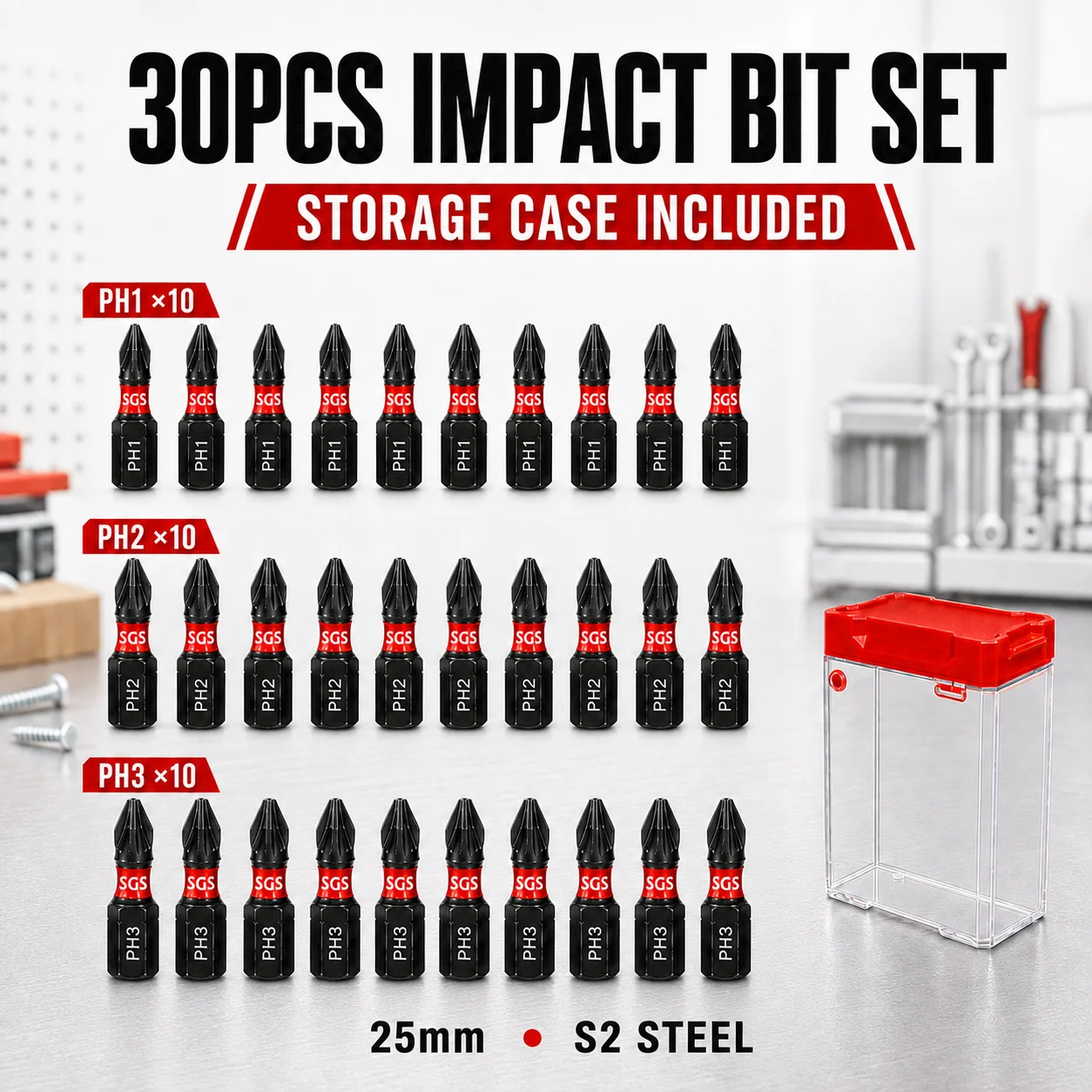 30-teiliges Set aus 25-mm-S2-Stahl-Schraubendreher-Bits, stoßfest, erhältlich in den Ausführungen PH Phillips Kreuzschlitz PH1 PH2 PH3 oder PZ Pozidriv Sternschlitz PZ1 PZ2 PZ, 0,15 kg schwere Ausführungen verfügbar, 1/4-Zoll-Sechskantschaft, wird mitgeliefert. – Detail 4