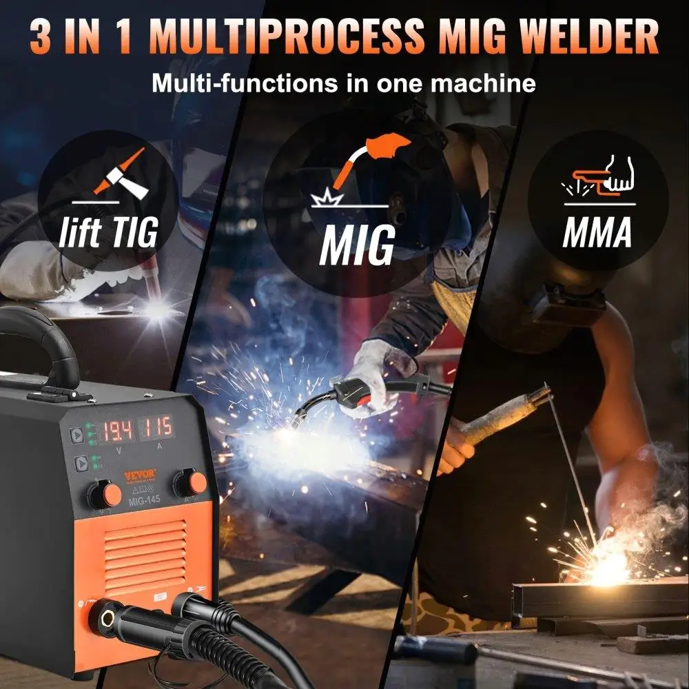 145A 3-in-1 MIG Welder, 110V IGBT Inverter Welding Machine, Flux Core/Solid Wire, Digital TIG/Stick/MIG Torch