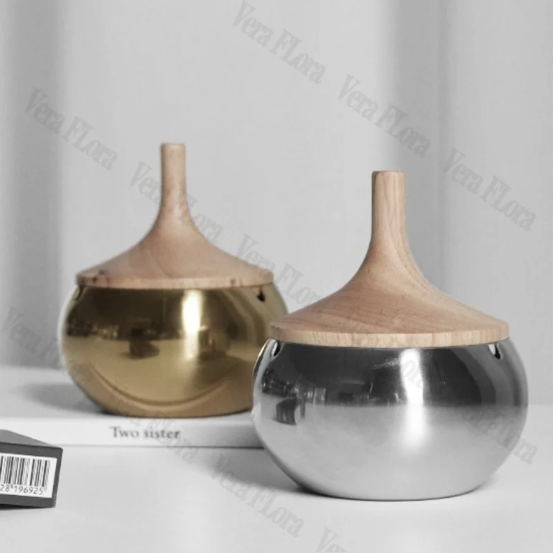 Stainless Steel Wooden Covered Ashtray Practical Household Office Decorative Ornaments Anti Fly Ash Thickened Silver Smoke Cup