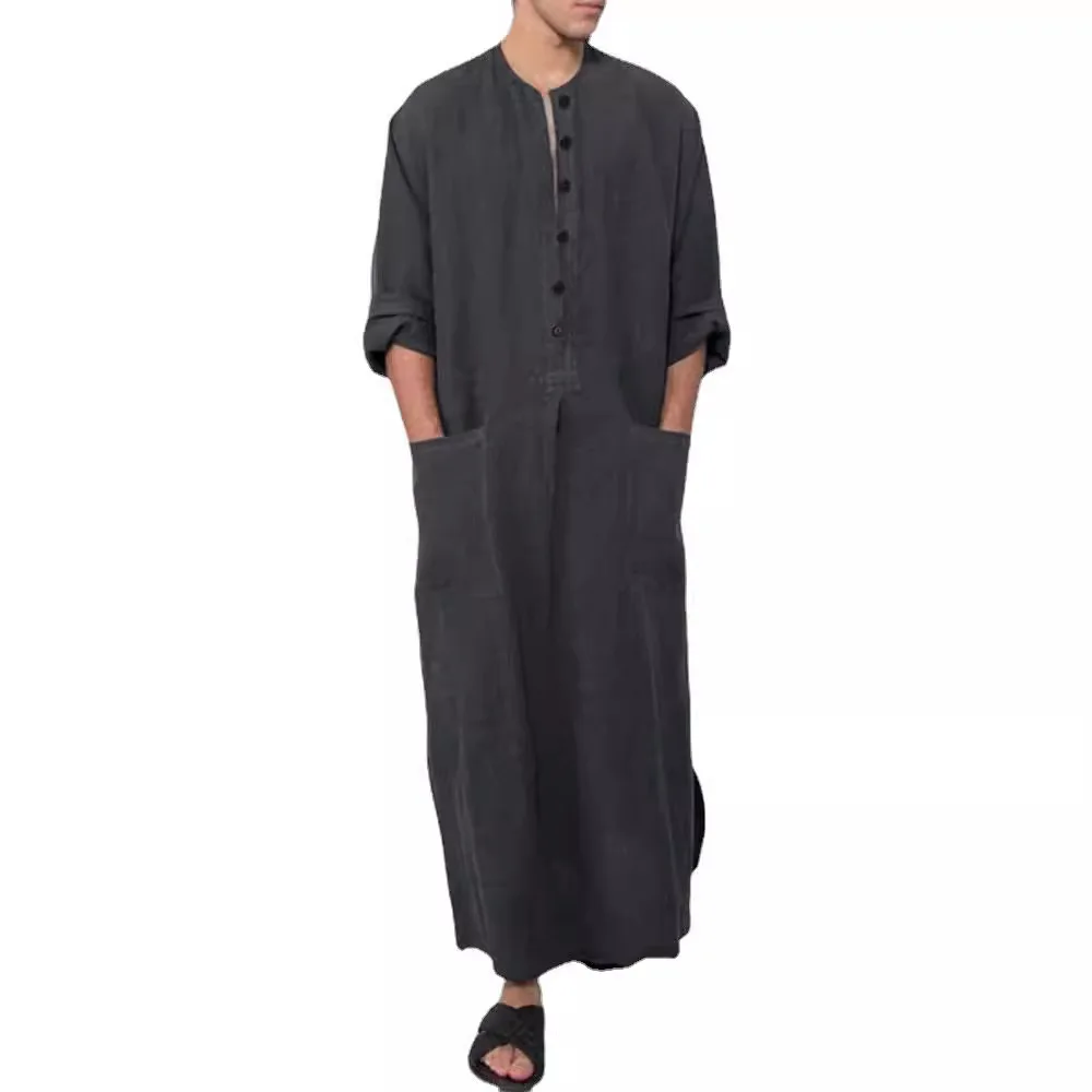 

Muslim Fashion Jubba Thobe Dubai New Men's Loose Standing Collar Long Sleeved Robe Ethnic Style Middle Eastern Men Long Shirts