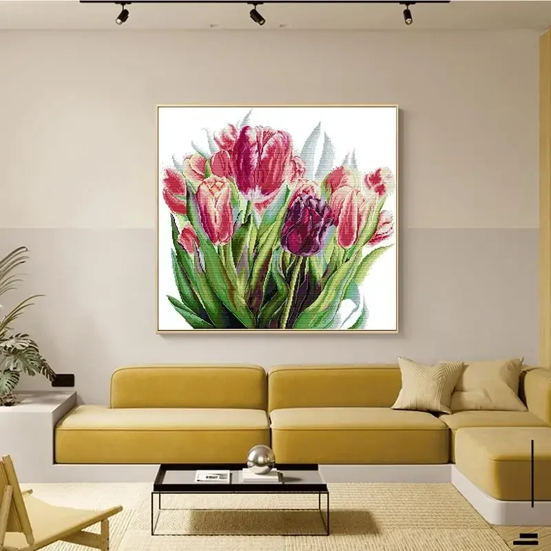 Watercolor Tulips Flower Patterns Cross Stitch Aida 14CT 16CT 11CT Printed Canvas Needlework Embroidery Kit Home Decor Crafts