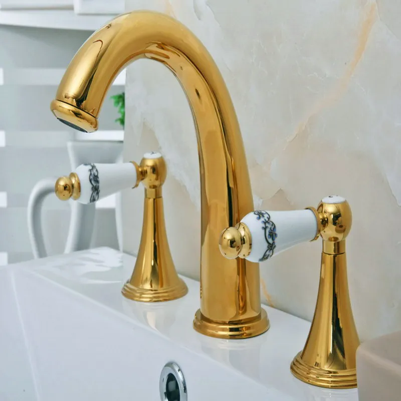 

Luxury Gold Color Brass Deck Mounted Dual Handles Widespread Bathroom 3 Holes Basin Faucet Mixer Water Taps mgf023