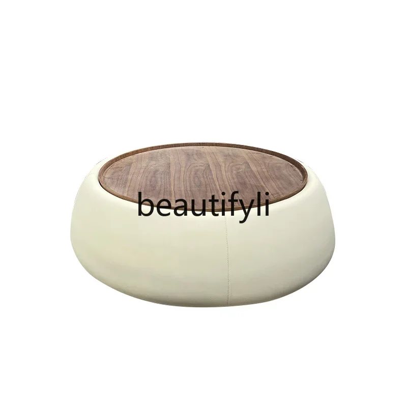 Italian round coffee table Nordic simple light luxury leather storable solid wood edge table