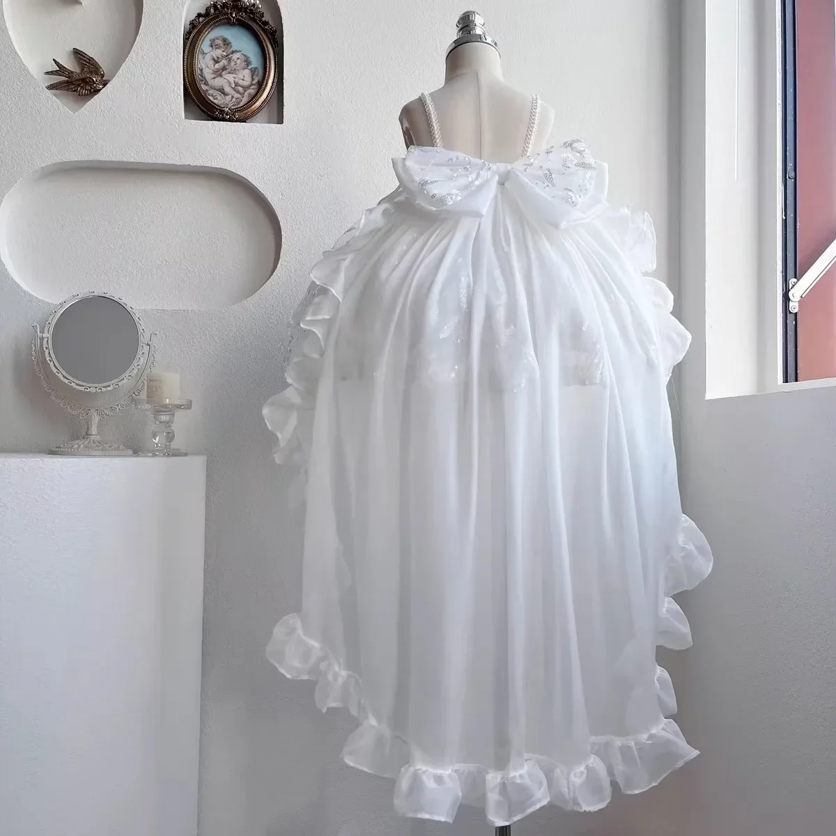 Long Trailing Girl's Clothing Princess Dress Sequin Tulle Girl Wedding Dress Kids Baby Evening Backless Birthday Ball Gown