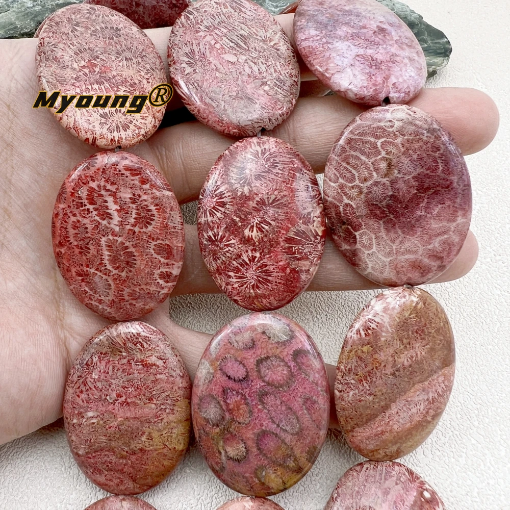 30x40MM 10PCS Large Oval Shape Red Coral Jaspers Chrysanthemum Stone Slice Focus Pendant Beads For DIY Jewelry Making MY240133