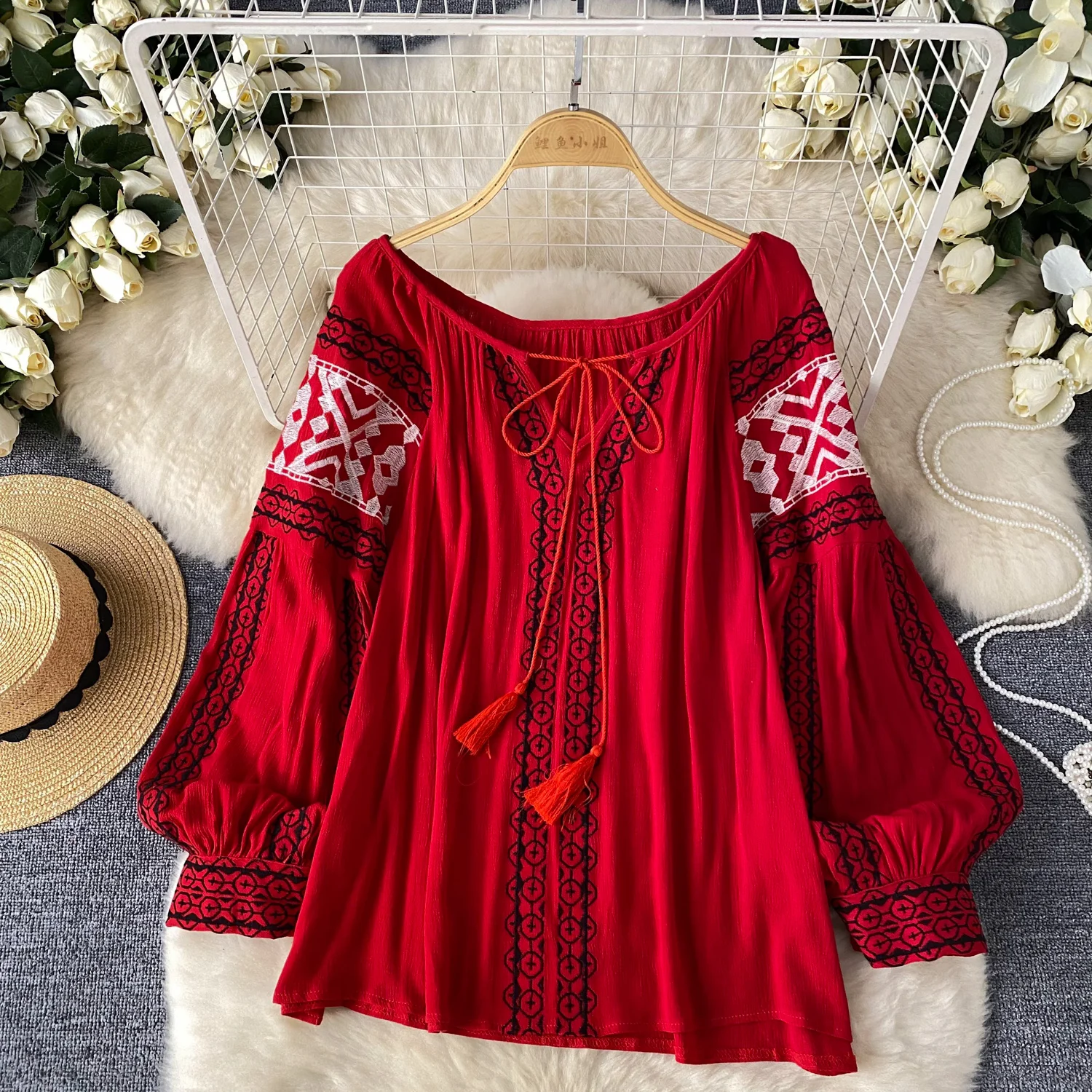 Vintage Elegant Embroidery lantern sleeve Blouse Fashion loose  Shirt  Casual Chic Top Fairy  Summer chiffon Women