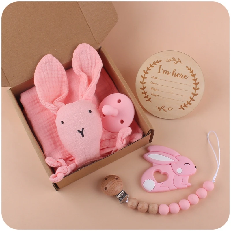 Baby Gift Set Rabbit Appease Towel Baby Pacifier Teether Pacifier Chain Memorial Card Bib for Infant Baby Boys Girls D5QF