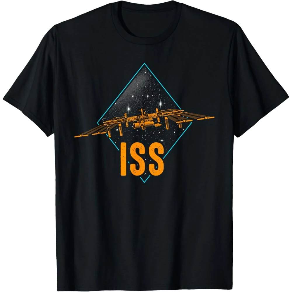 Men'S women ISS International Space Station Space Flight Science T-Shirt Black Casual Crew Neck Short Sleeve T-shirts for Summer