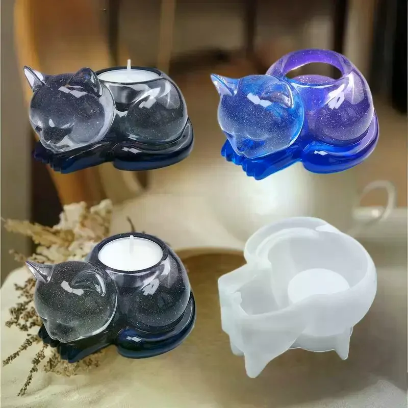 Sleeping Cat Memorial Silicone Mold For Resin Cat Candle Holder Animal Keepsake Sympathy Gift