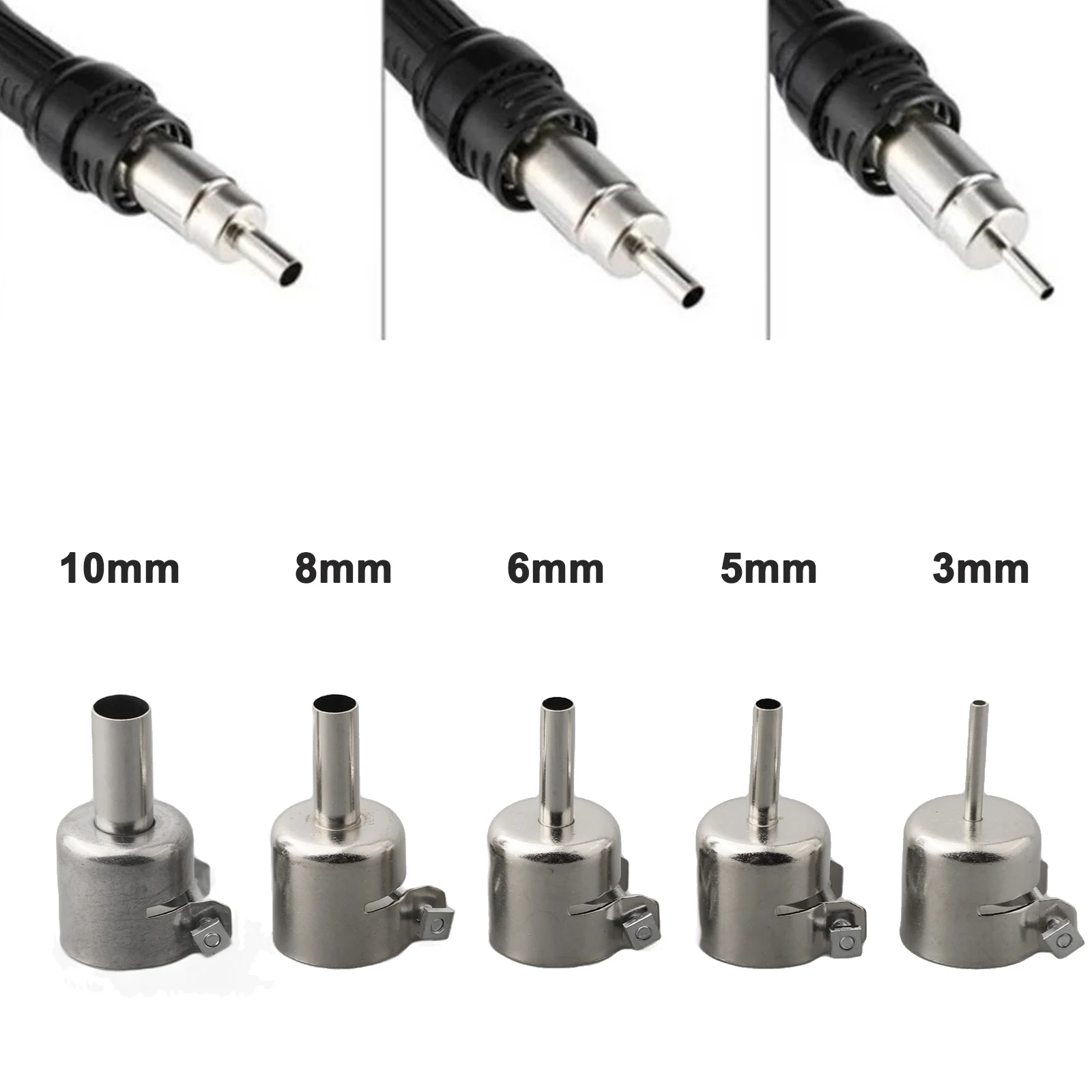 Set of 5 Stainless Steel Nozzles for 850 852D 898 Hot Air Soldering Stations with Locking Screw to Prevent Air Leakage