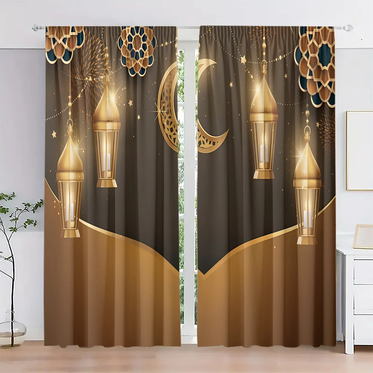

2 шт. золотистых штор с узором в виде луны для гостиной и спальни, обеспечивающие уединение и декор, из полиэстеровой ткани, без карниза.