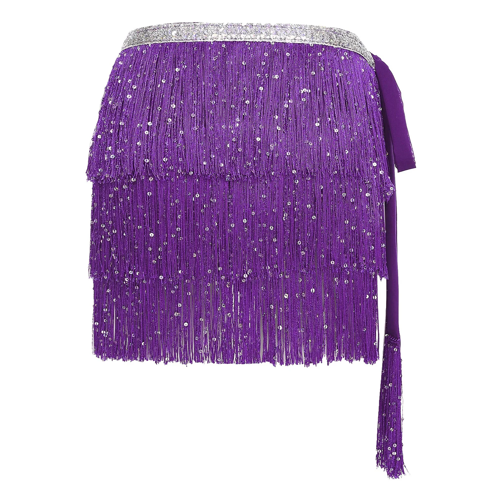Women Tiered Tassel Belly Latin Cha-cha Dance Performance Hip Scarf Sequin Lace-up Waist Hip Wrap Dancing Skirts for Party Raves