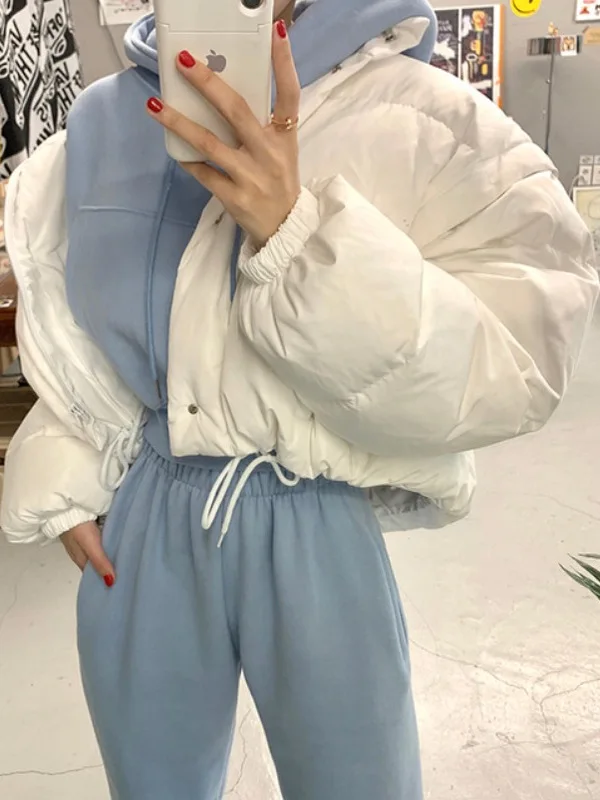 Faionable-Conjunto de ropa informal de invierno de talla grande para mujer, sudadera y pantalones con forro de Fce, estilo coreano, holgado y perezoso