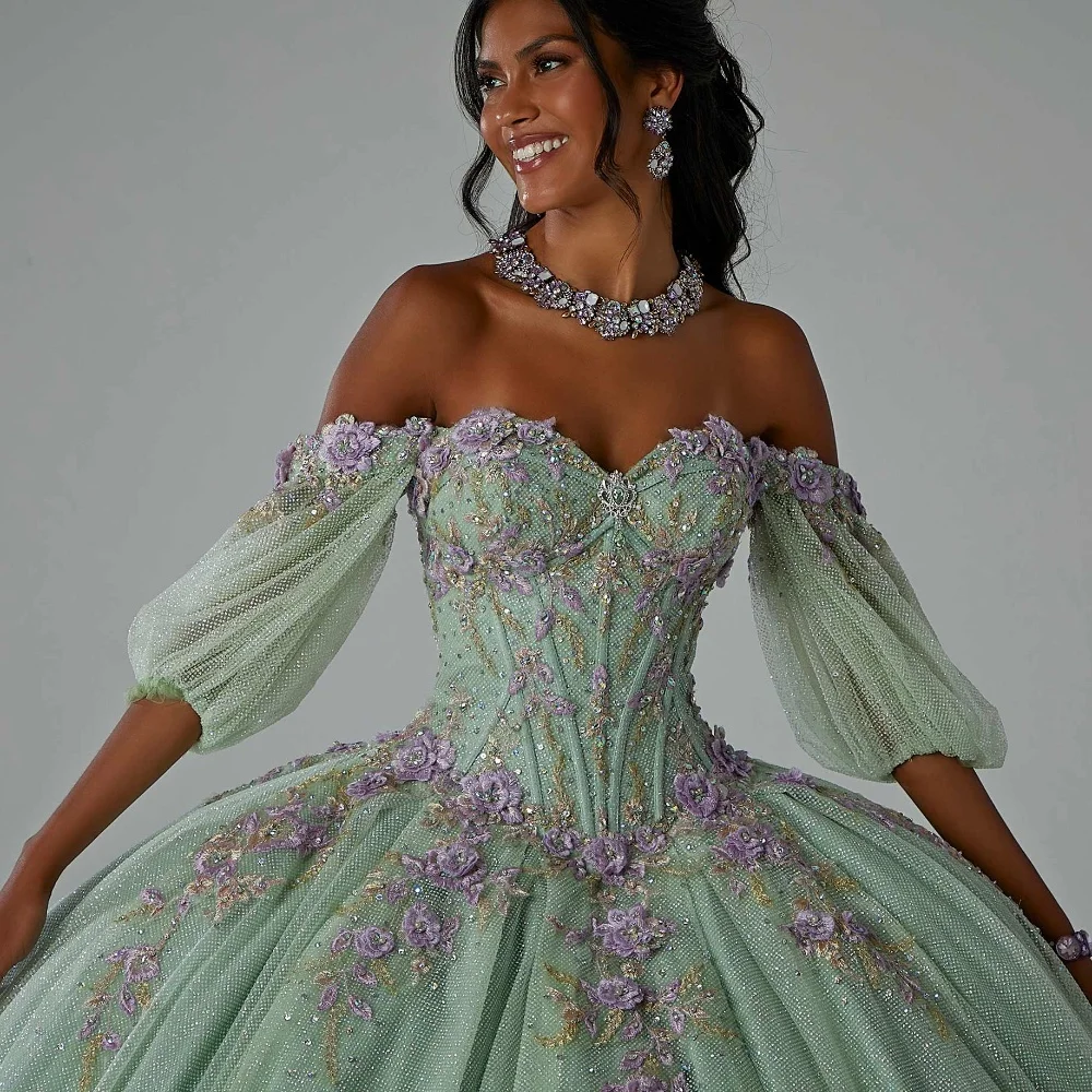 EVLAST-Vestido De quinceañera azul De México, Media manga, apliques De flores florales en 3D, lazo De cuentas, dulce 16, Vestido De 15 años, TQD072