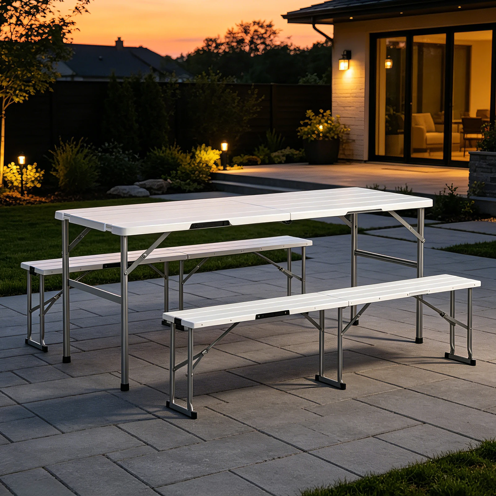 6FT Folding Picnic Table with 2 Benches Set, 3-Piece Portable Plastic Outdoor Table & Bench Set for Party, BBQ, Wedding, Camping, White