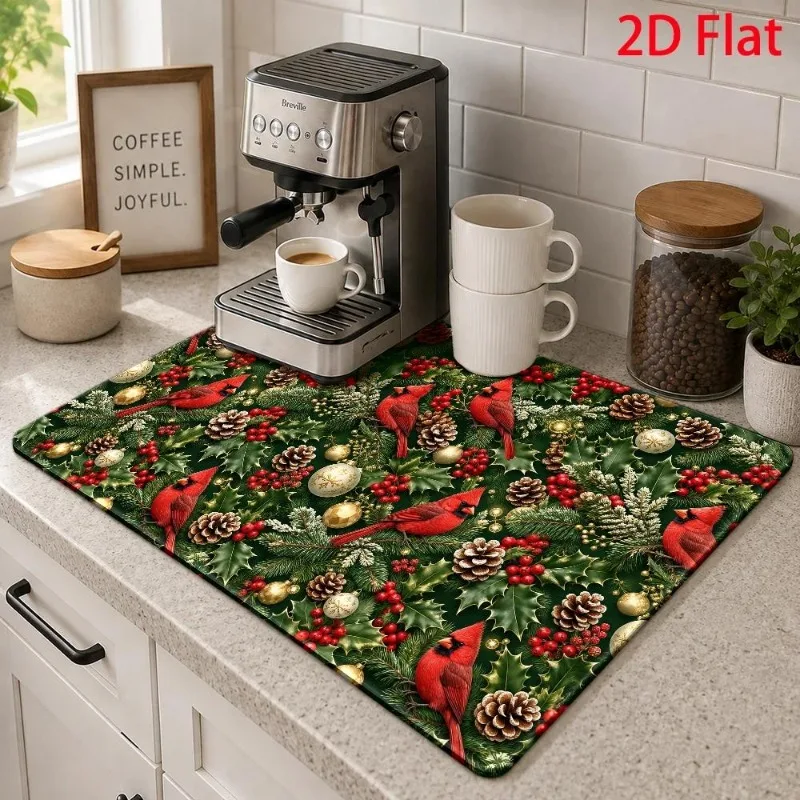Coffee Bar Mat Winter Red Cardinal Bird Pinecone Water Absorbing Christmas Holly Berry Tea Runner