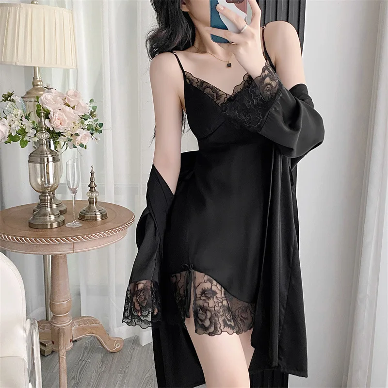 

Twinset Lace Bathrobe Gown Set Women Robe Nightgown Lingerie Sleepwear Set Summer Kimono Silky Satin Nightsuits Dress Loungewear