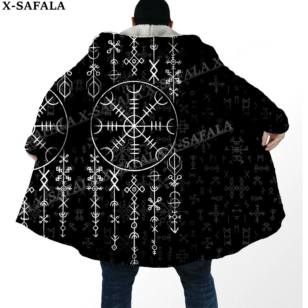 

Viking Line Tattoo Symbol Totems Art Thick Warm Hooded Cloak Men Overcoat Coat Windproof Fleece Cape Robe Hooded Blanket-5