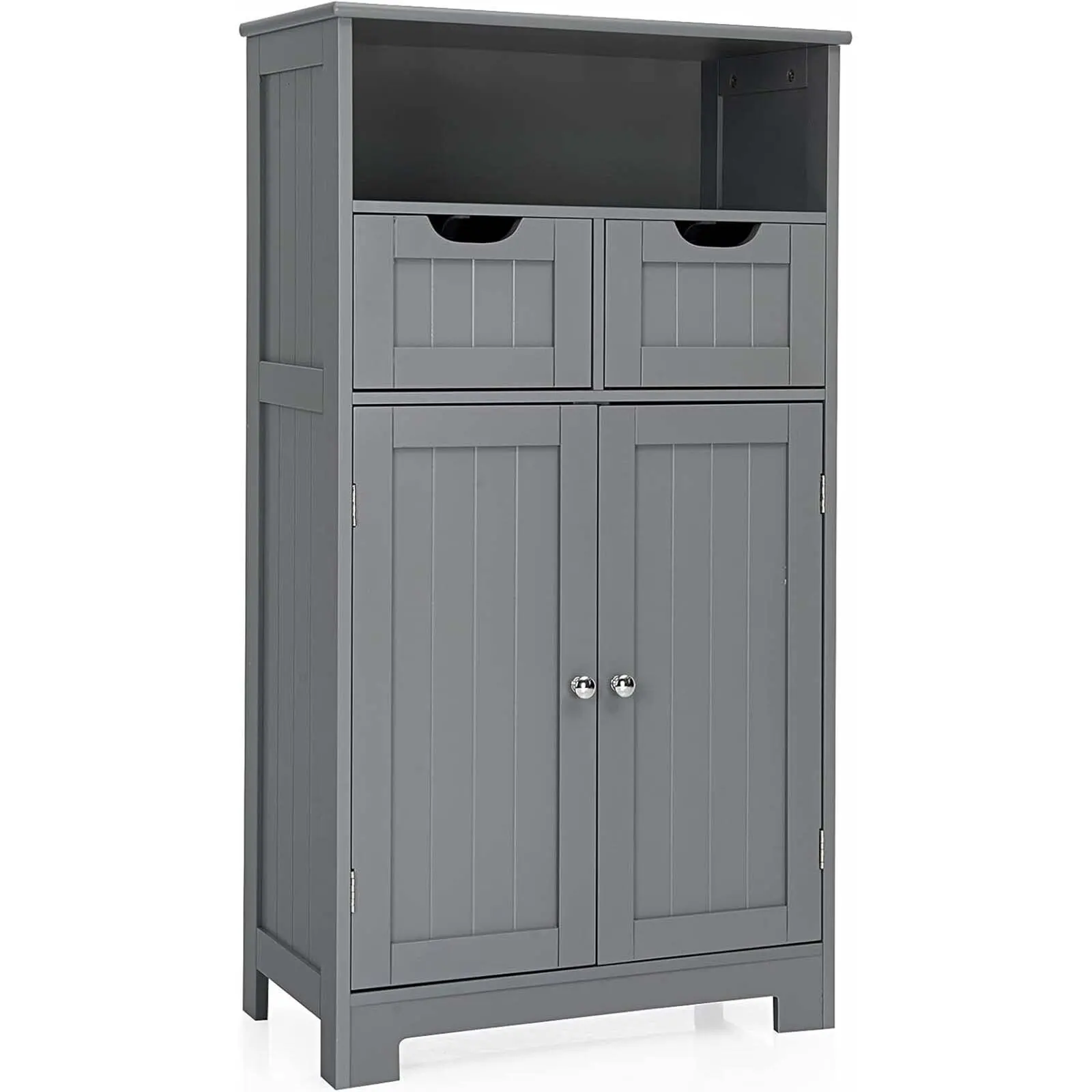 Badezimmerschrank mit 2 Schubladen und Türen, freistehender Badezimmerschrank mit höhenverstellbarem Regal, 60 x 30 x 109 cm, Grau