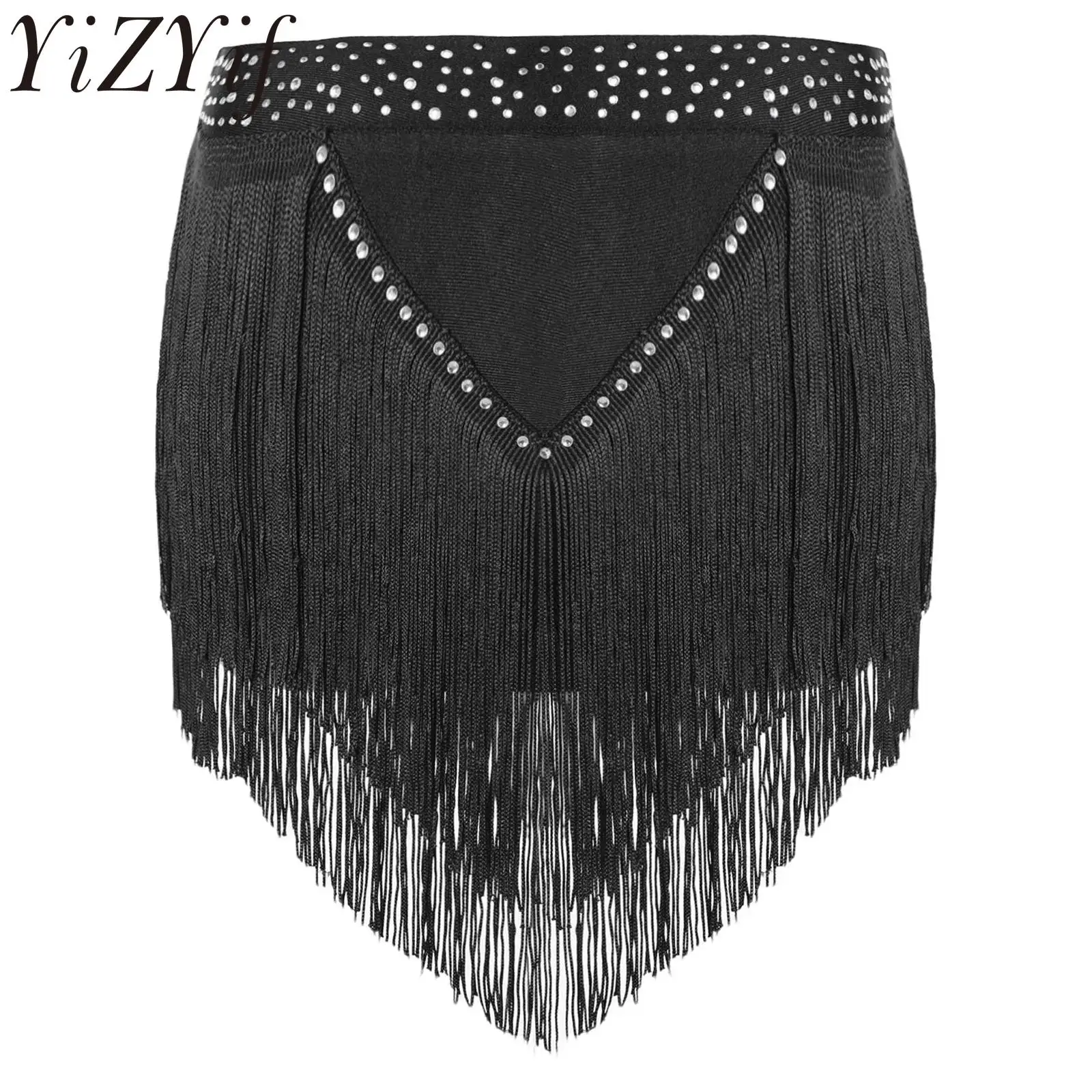 

Kids Girls Shiny Rhinestones Latin Dance Shorts Layered Tassels Briefs Halloween Tango Carnival Performance Costume