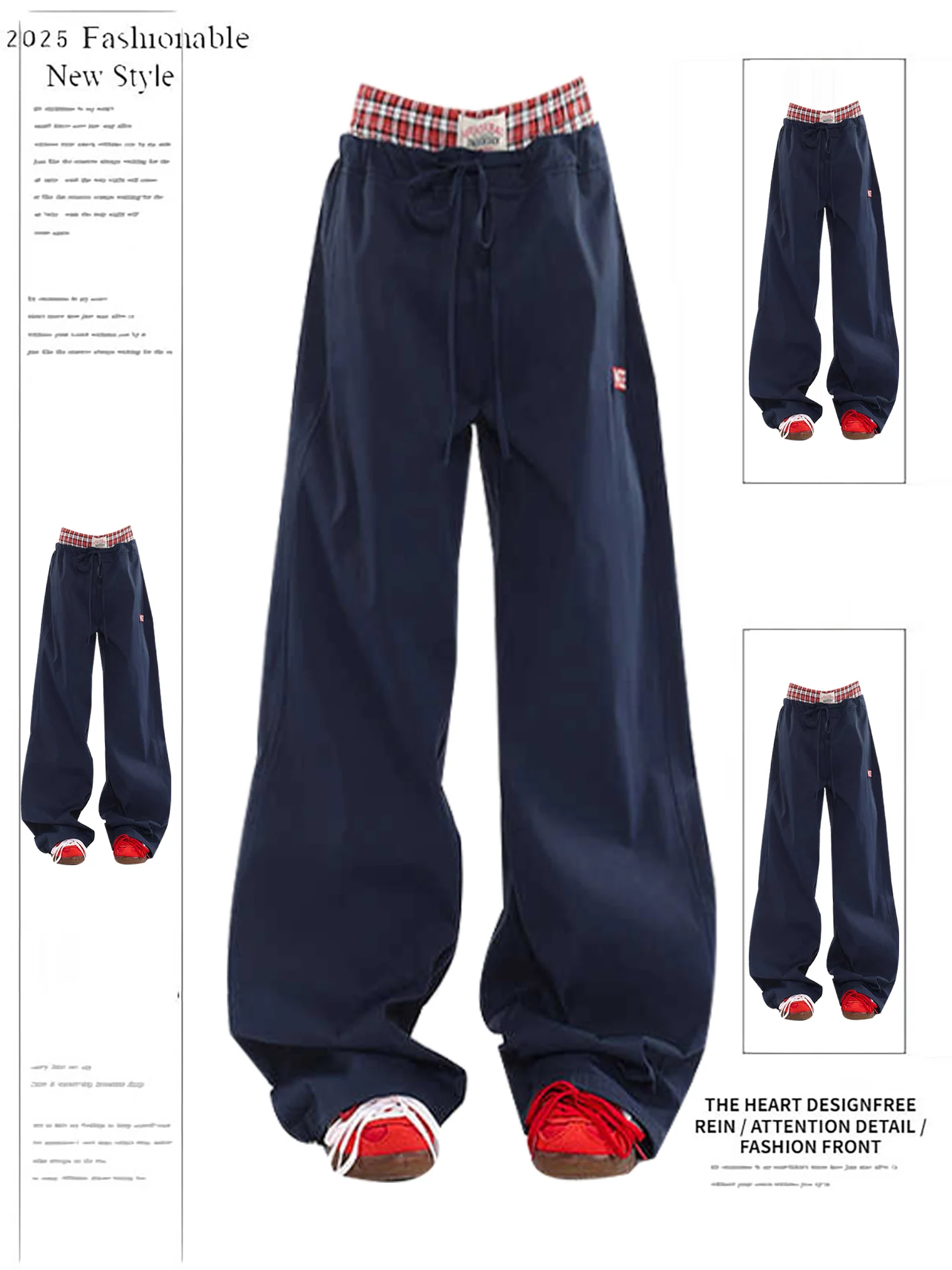 

American Retro Plaid Patchwork Fake Two-Piece Casual Pants Women's Autumn Design Double Waist Head Sports Pants High Waist St...