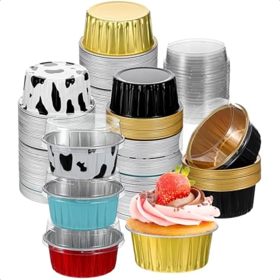 

120 Pcs Aluminum Foil Baking Cups Mini Cake Pans with Lids 5 oz Cupcake Liners Disposable Muffin Tins Wrappers Baking Foil Rame
