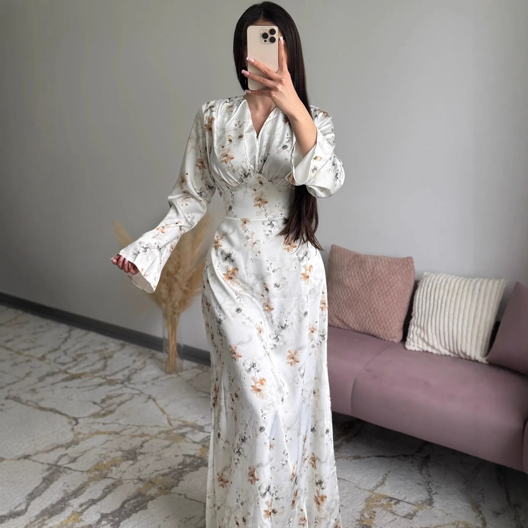 Damen Langes Kleid A-Linie Vestidos V-Ausschnitt Trompetenärmel Bedruckt Elegant Party Nacht Y2k Streetwear Arbeit Tailliert Plissiert Figurbetont