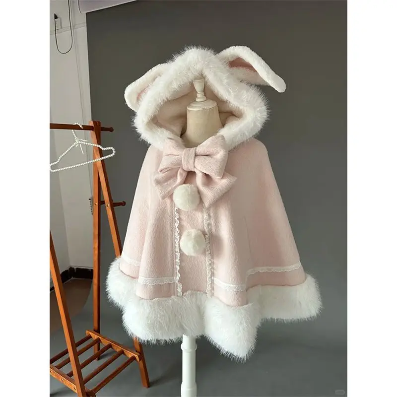 Mantello con cappuccio giapponese dolce e carino con fiocco Autunno Inverno Nuovo cappotto da principessa Lolita caldo per ragazze Cappotto casual Kawaii Chic