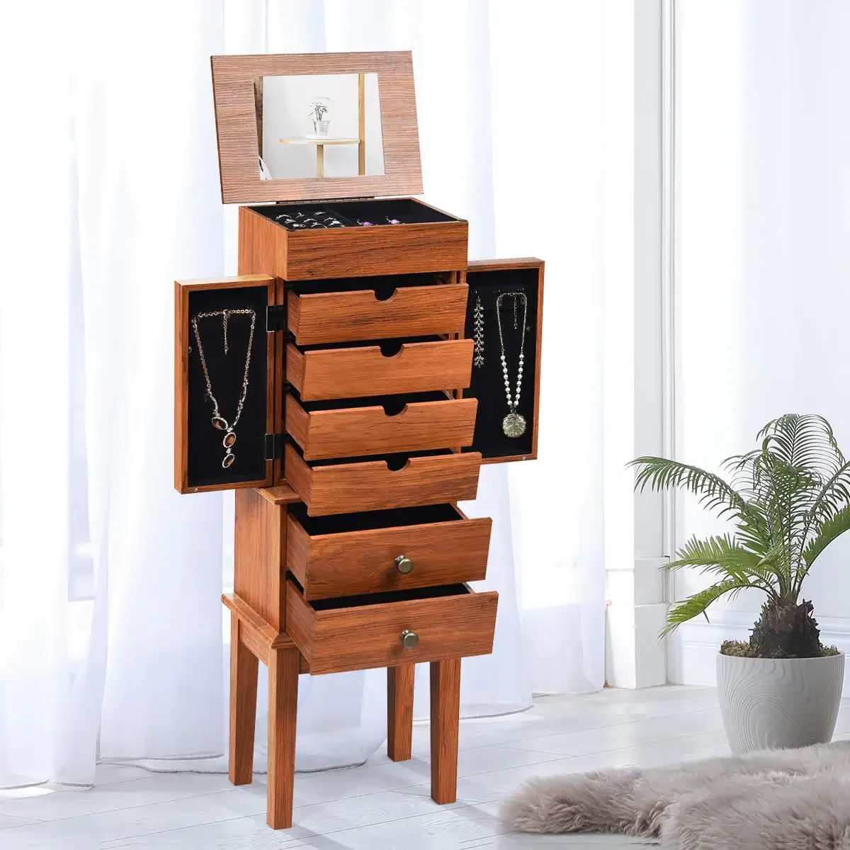 Elegant design Large Premium Wood Compartment Storage Organizer Box Standing Jewelry Armoire Cabinet Jewelry Boxes