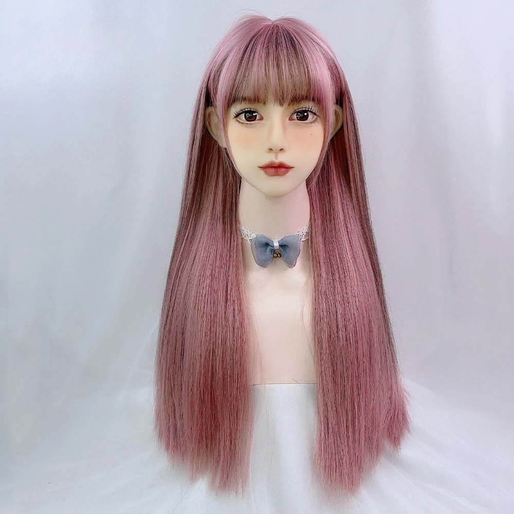 

Wig Female Lolita Pink Long Straight Hair Natural Simulation Hair Highlights Dyed Wig Realistic Round Face Full Head Wig