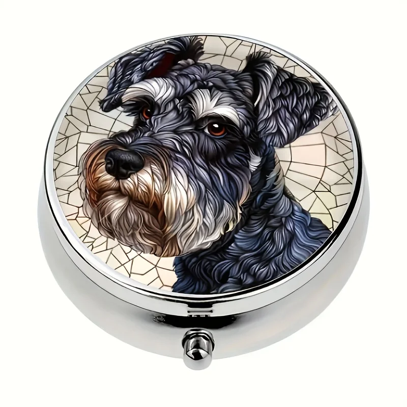 Miniature Schnauzer Dog Floral Pattern Round Pill Box, 3-Compartment Medication Organizer, Portable Metal Pill Box, Perfect for Handbags, Travel, and Daily Use, Unique Gift Idea