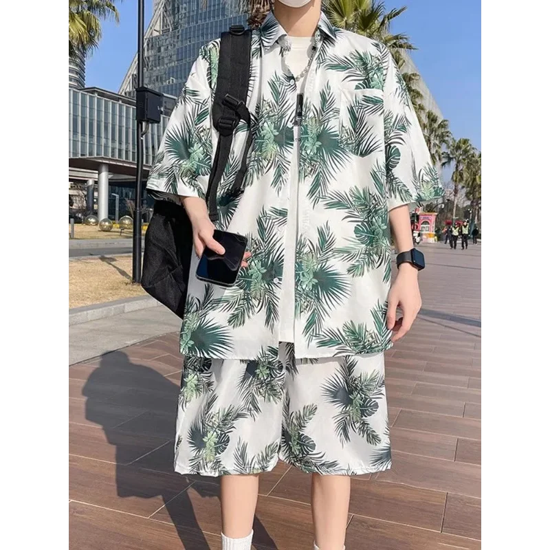 Travel Casual Men's Beach Pants Ice Silk Quick-drying Floral Shorts Seaside Resort Floral Shirt Hawaiian Suit