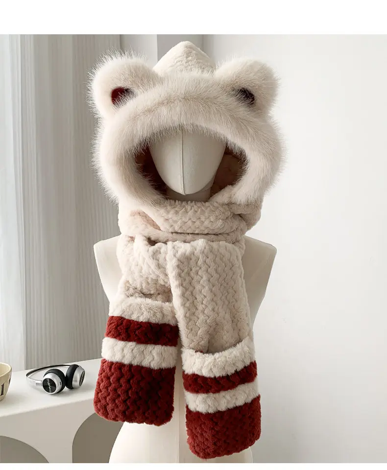 New Cold-proof and Warm Bear Plush Hat  Scarf and Gloves Integrated Women's Winter Thickened Ear Protection Riding Hat