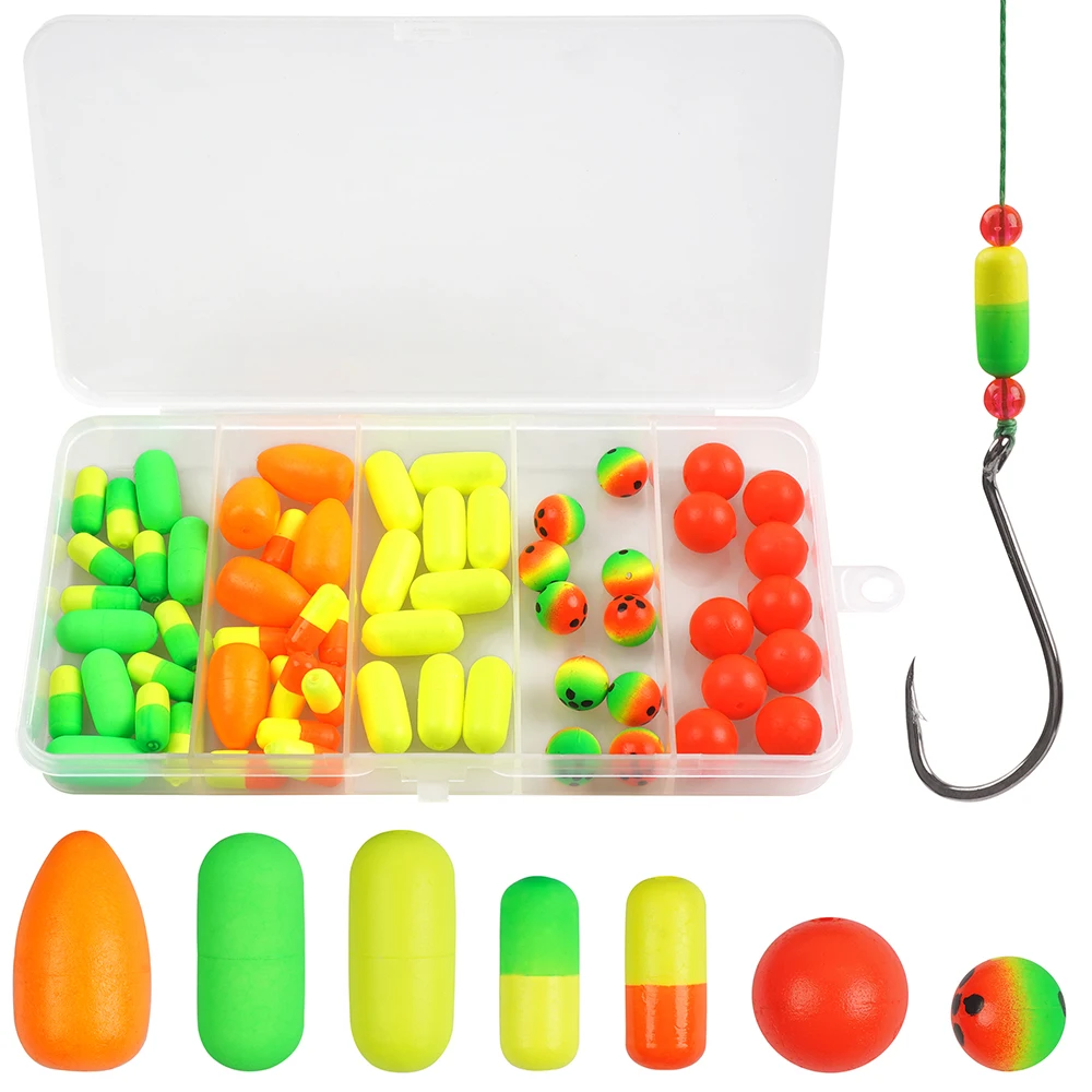 60Pcs Pompano Rigs Floats Beads Kit Foam Snell Fishing Floats Bobbers Bullet Cylinder Buoyancy Float for Trout Catfish